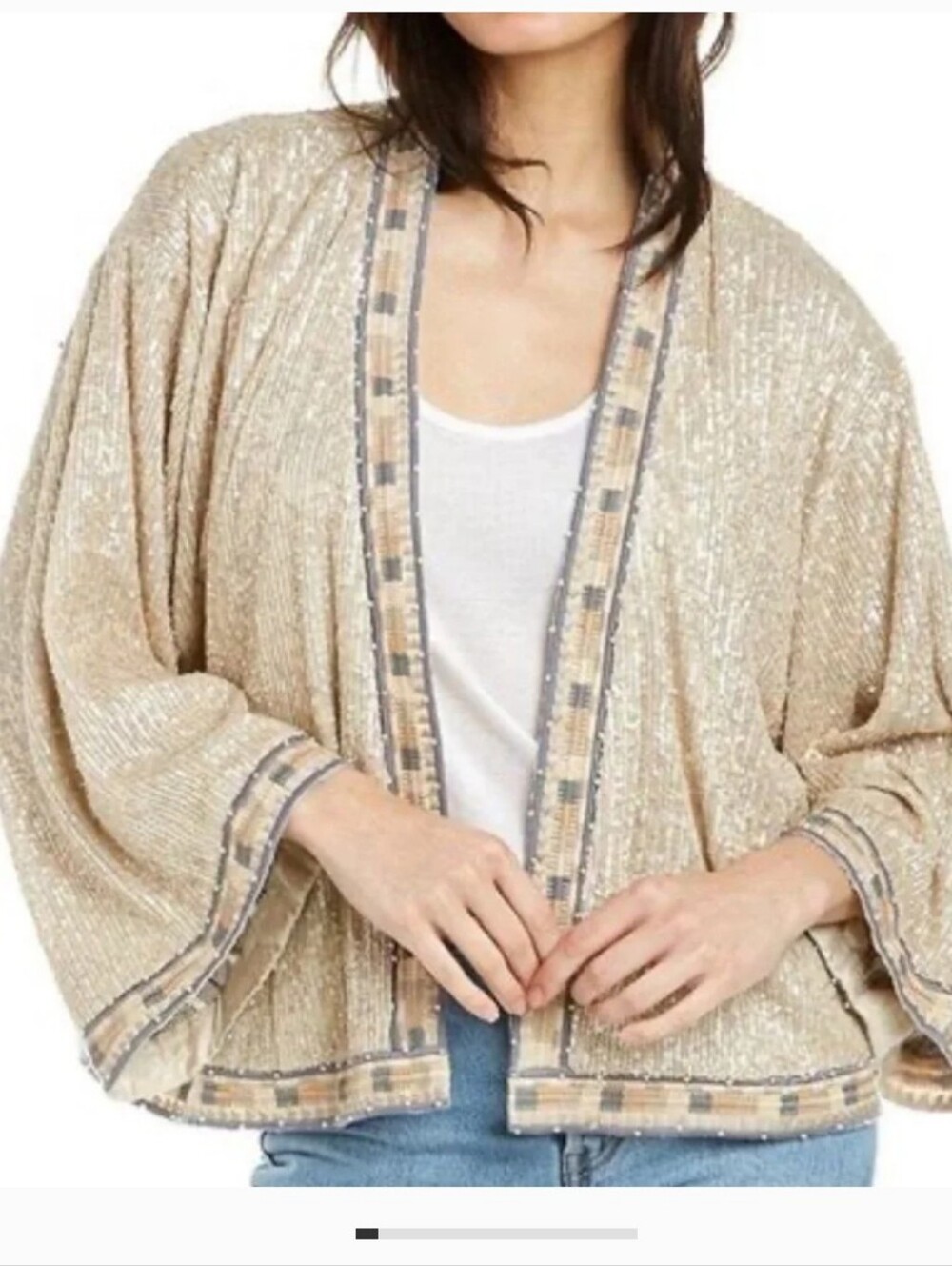 Johnny Was Gold Sequin Open-Front Kimono Jacket